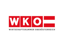 Logo in weiß und rot mit den Buchstaben WKO und der Österreich-Fahne