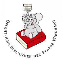 Logo der Pfarrbibliothek ein grauer Elefant sitz auf einem roten Buch und balanciert drei Bücher auf seinem Rüssel